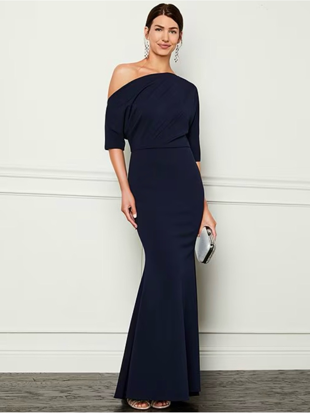 Betsy & Adam Asymmetrical One-Shoulder Crepe Navy Evening Gown